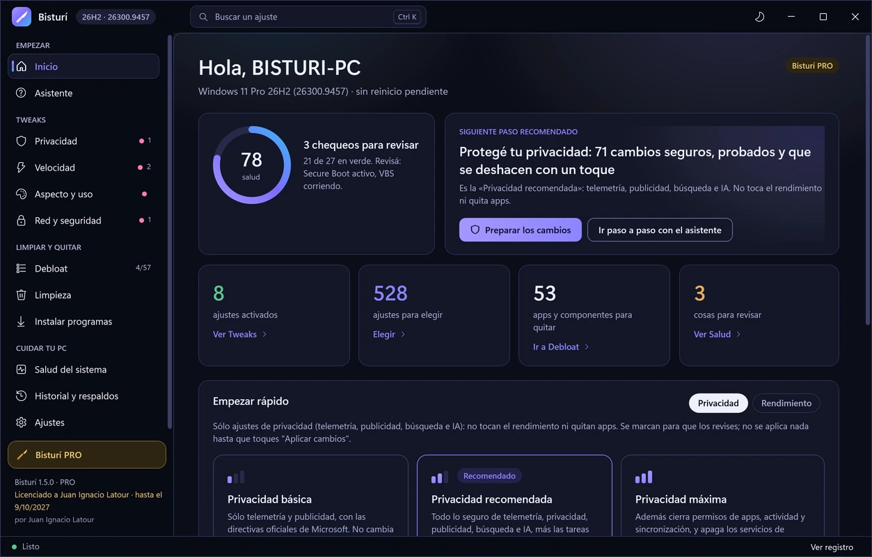 El Inicio de Bisturí en tema oscuro: la salud de tu Windows, el siguiente paso recomendado y los perfiles para empezar rápido