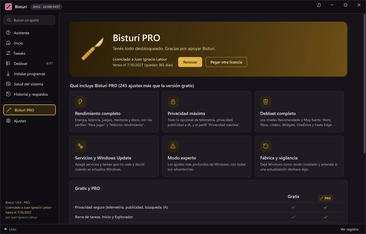 Bisturí con PRO activo, en tema oscuro: el bisturí dorado, licenciado y con todo desbloqueado